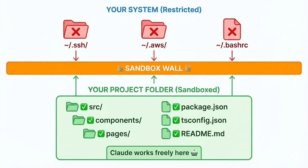 A diagram illustrating a sandboxed environment for Claude. At the top, a section titled "YOUR SYSTEM (Restricted)" shows three red folders marked with a red 'X' and arrows pointing down: "~/.ssh/", "~/.aws/", and "~/.bashrc". These are blocked by a prominent orange barrier labeled "SANDBOX WALL" with padlock icons. Below the wall is a green section titled "YOUR PROJECT FOLDER (Sandboxed)" with arrows pointing up. It contains green folders and files marked with a green checkmark: "src/", "components/", "pages/", "package.json", "tsconfig.json", and "README.md". A green banner at the bottom reads "Claude works freely here" next to a small robot emoji. The diagram indicates that Claude can access the project folder but is prevented from accessing sensitive system files by the sandbox wall.
