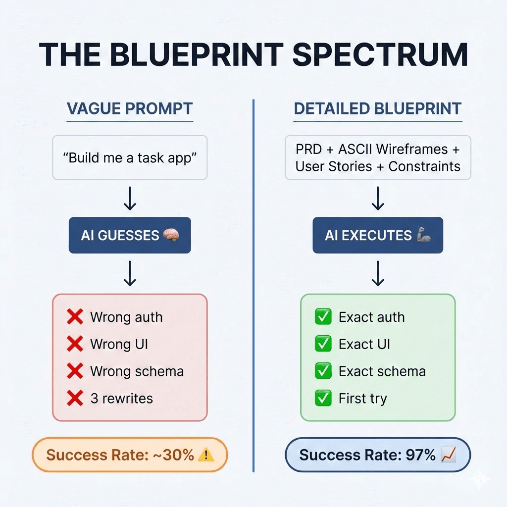 Infographic titled "THE BLUEPRINT SPECTRUM" comparing two approaches to using AI for software development. The left side, under the heading "VAGUE PROMPT," shows the input "Build me a task app" leading to a box labeled "AI GUESSES" with a brain emoji. This results in a red box with cross marks (❌) listing failures: "Wrong auth," "Wrong UI," "Wrong schema," and "3 rewrites." Below this, an orange pill-shaped box indicates a "Success Rate: ~30%" with a warning emoji (⚠️). The right side, under the heading "DETAILED BLUEPRINT," shows the input "PRD + ASCII Wireframes + User Stories + Constraints" leading to a box labeled "AI EXECUTES" with a robot arm emoji. This results in a green box with checkmarks (✅) listing successes: "Exact auth," "Exact UI," "Exact schema," and "First try." Below this, a blue pill-shaped box indicates a "Success Rate: 97%" with an upward trend arrow emoji (📈). A vertical blue line separates the two comparison sections.