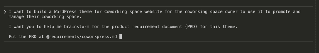 Claude Code terminal with user prompt asking to generate a PRD for a coworking WordPress theme