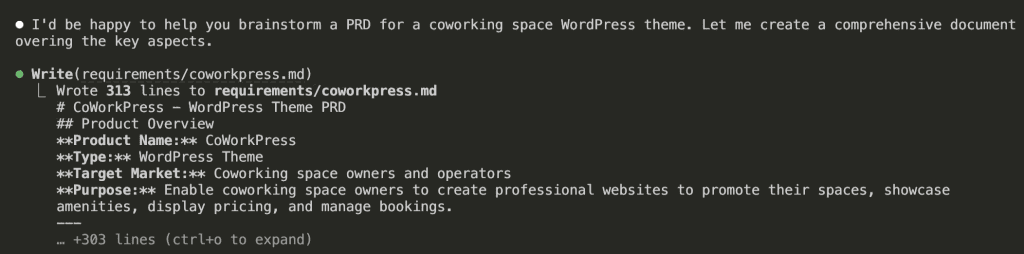 Claude Code output showing "Wrote 313 lines to requirements/coworkpress.md" with a preview of the PRD structure