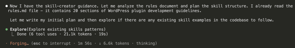 Claude Code exploring existing skills patterns in the codebase, showing 6 tool uses and 21.1k tokens consumed during exploration