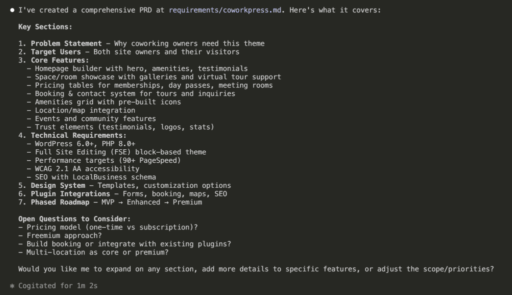 Claude Code terminal displaying a PRD summary with 7 key sections: Problem Statement, Target Users, Core Features (homepage builder, space showcase, pricing tables, booking, amenities, location/map, events, trust elements), Technical Requirements (WordPress 6.0+, PHP 8.0+, FSE block-based theme, 90+ PageSpeed, WCAG 2.1 AA), Design System, Plugin Integrations, and Phased Roadmap. Also shows Open Questions about pricing model, freemium approach, booking integration, and multi-location support