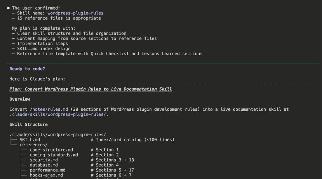Claude Code displaying the generated plan for converting WordPress Plugin Rules to Live Documentation Skill, showing the proposed file structure with SKILL.md and 15 reference files organized by topic