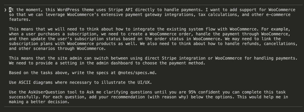 Claude Code terminal showing the initial prompt describing WooCommerce integration requirements and the instruction to use AskUserQuestion tool for clarifying questions until 95% confidence