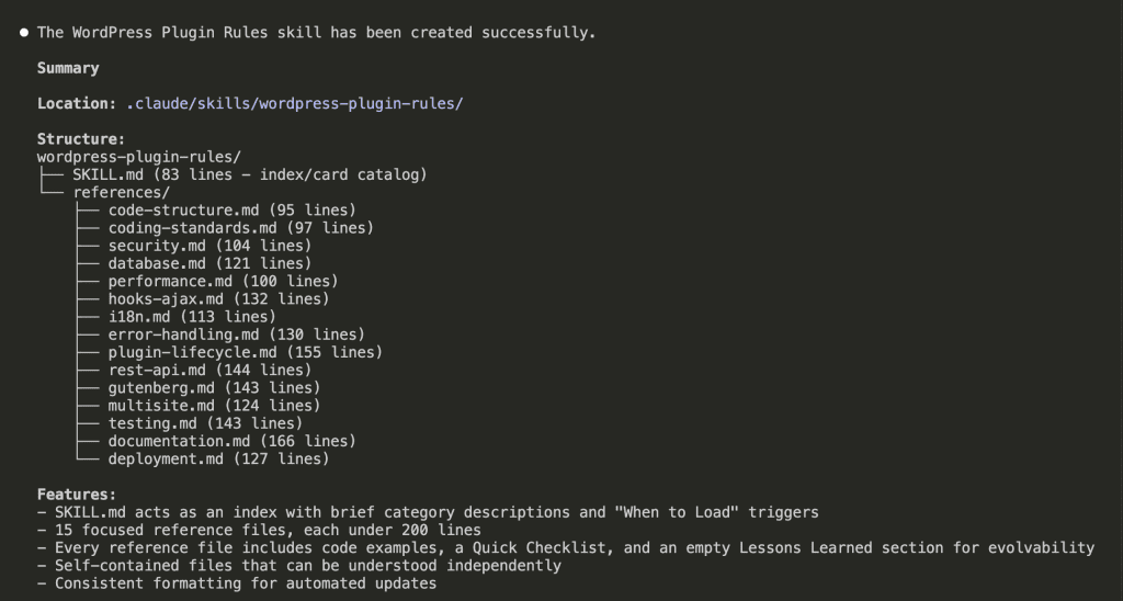 Summary of the generated WordPress Plugin Rules skill showing the final structure: SKILL.md (83 lines) acting as index/card catalog, and 15 reference files in the references folder ranging from 95 to 166 lines each, covering topics like code-structure, security, database, performance, and deployment
