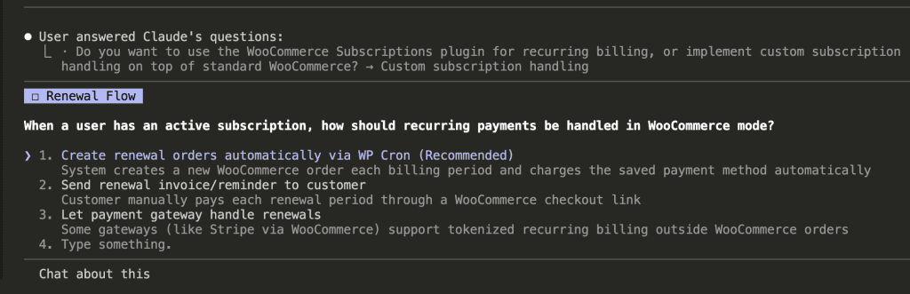 Claude Code asking how recurring payments should be handled in WooCommerce mode, with options for WP Cron, manual invoices, or payment gateway handling