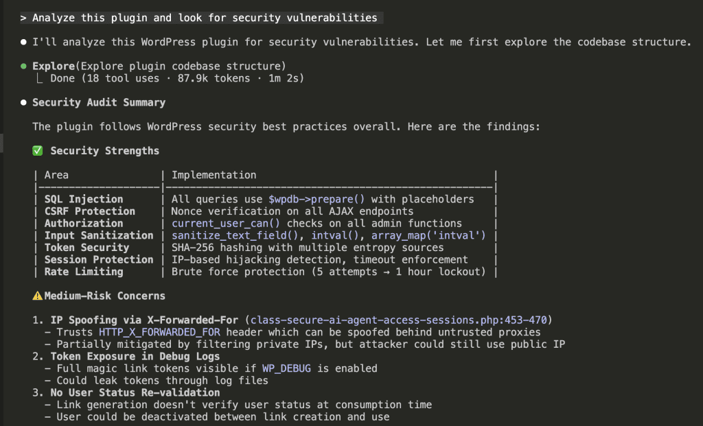 Security audit results showing a table of security strengths (SQL Injection protection, CSRF Protection, Authorization, Input Sanitization, Token Security, Session Protection, Rate Limiting) and three medium-risk concerns: IP Spoofing via X-Forwarded-For, Token Exposure in Debug Logs, and No User Status Re-validation