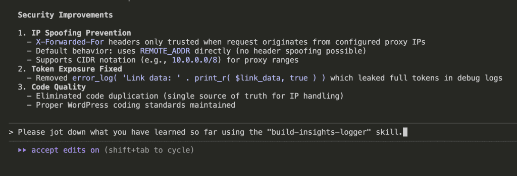 Terminal showing the prompt to jot down learnings using build-insights-logger skill, with "accept edits on" mode enabled