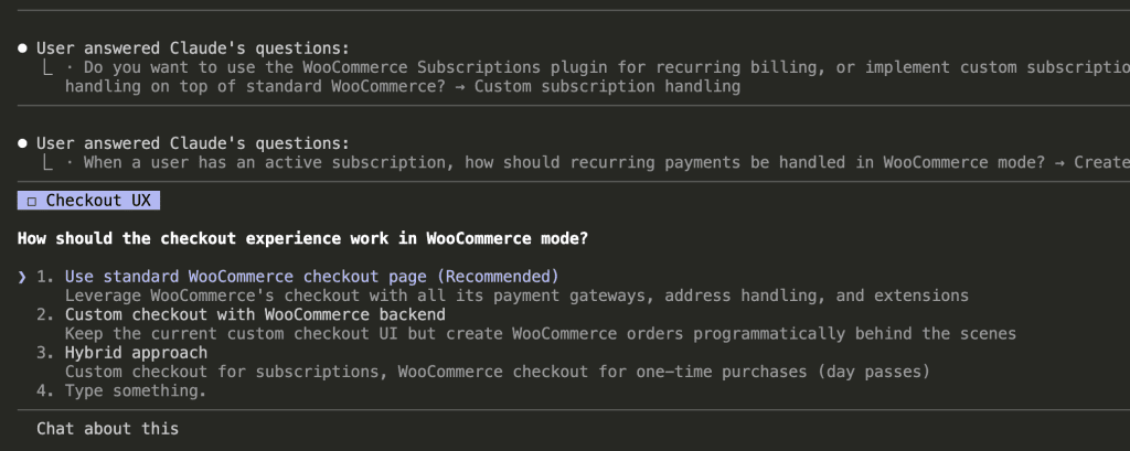 Claude Code asking about checkout experience in WooCommerce mode, with options for standard WooCommerce checkout, custom checkout with WC backend, or hybrid approach