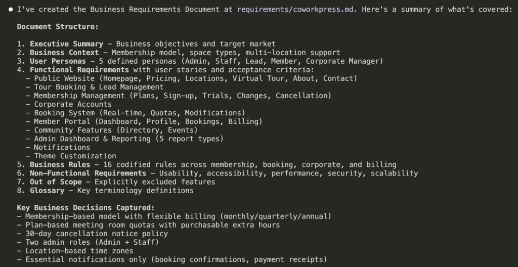 Claude Code terminal showing BRD summary with sections: Executive Summary, Business Context, User Personas (5 defined), Functional Requirements with user stories, Business Rules (16 codified rules), Non-Functional Requirements, Out of Scope items, and Glossary. Key business decisions listed include membership-based model, plan-based meeting room quotas, 30-day cancellation policy, two admin roles, and location-based time zones