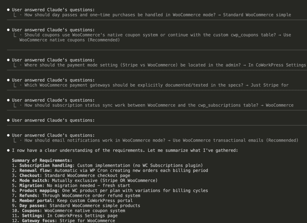 Claude Code showing the second half of Q&A interactions plus a summary of all 15 requirements gathered from the conversation