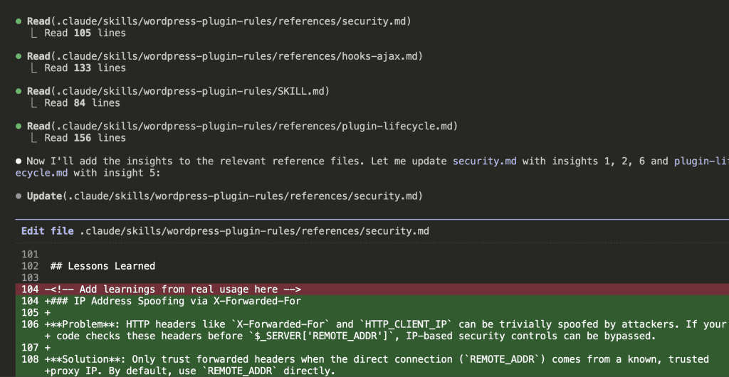 Claude Code reading multiple files (security.md at 105 lines, hooks-ajax.md at 133 lines, SKILL.md at 84 lines, plugin-lifecycle.md at 156 lines) and then updating security.md with new lessons learned section about IP Address Spoofing via X-Forwarded-For, showing the diff with problem statement and solution
