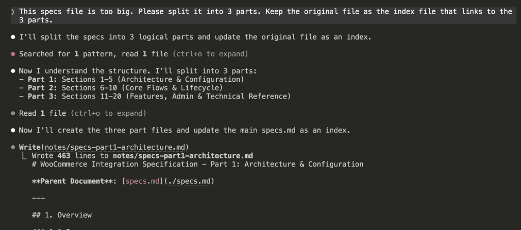 Claude Code terminal showing user request to split specs into 3 parts with original file as index