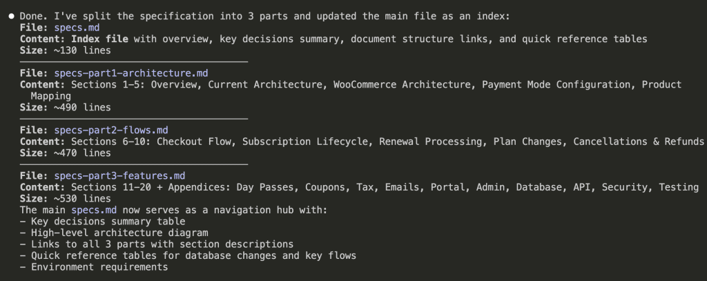 Claude Code showing the split result: specs.md as index (~130 lines) linking to three parts covering architecture, flows, and features
