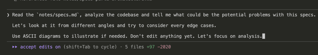 Claude Code terminal showing the review prompt asking Claude to analyze specs for potential problems and edge cases