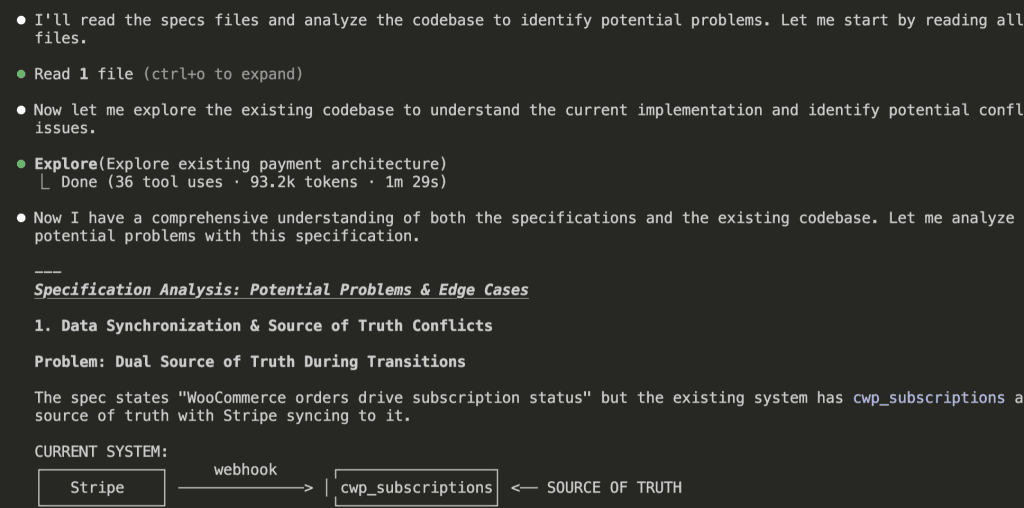 Claude Code showing analysis results with first identified problem about data synchronization and dual source of truth conflicts, with ASCII diagram