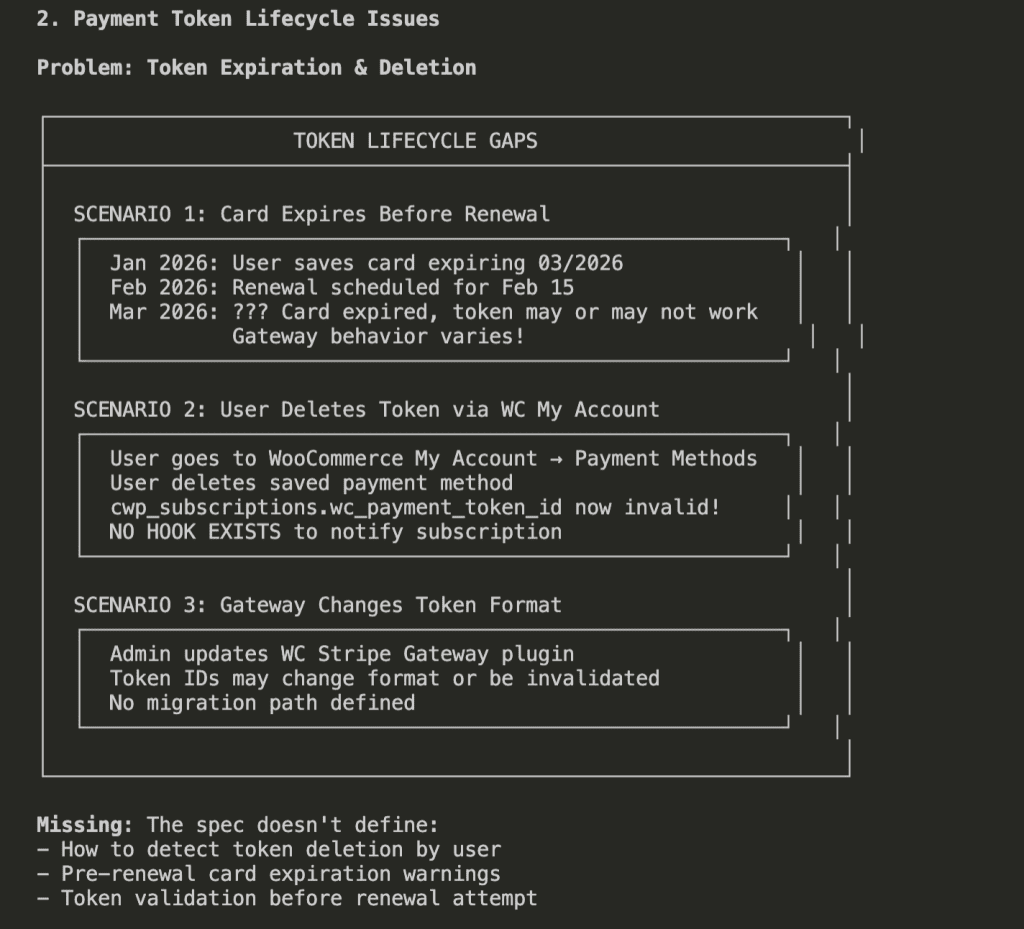 Claude Code showing payment token lifecycle issues with ASCII diagram illustrating three scenarios: card expiration, token deletion, and gateway changes