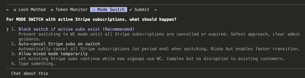 Claude Code asking what should happen during mode switch with active Stripe subscriptions, with three options: block switch, auto-cancel, or allow mixed mode