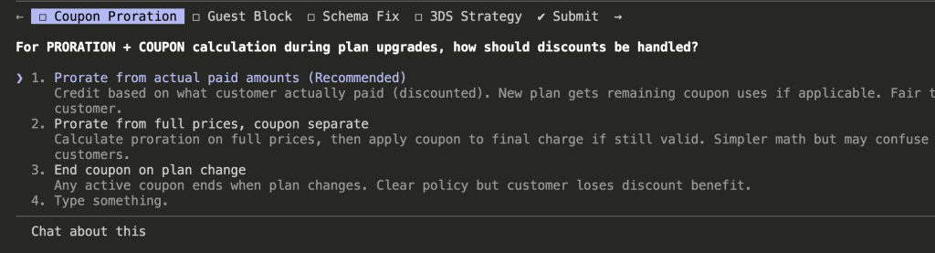 Claude Code asking how proration and coupon calculation should work during plan upgrades, with three options for handling discounts