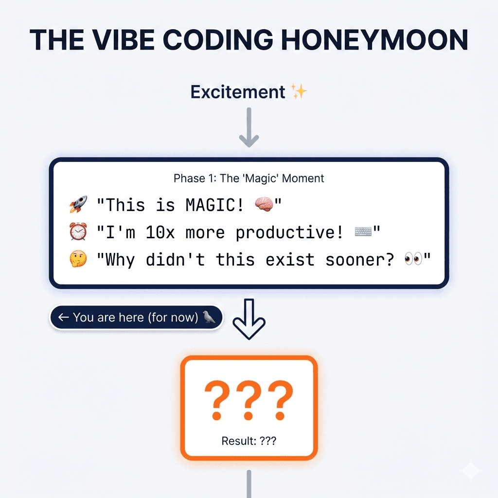 Infographic titled "THE VIBE CODING HONEYMOON" at the top in dark navy sans-serif font against a light gray background. Below the title, a navy subheading with a sparkle emoji says "Excitement ✨". A downward-pointing muted gray arrow leads to a large, rounded rectangular box with a dark navy border. Inside this box, a smaller navy header reads "Phase 1: The 'Magic' Moment". Below this, three lines of text are presented with emojis, styled in a monospaced font resembling code: "🚀 'This is MAGIC! 🧠'", "⏰ 'I'm 10x more productive! ⌨️'", and "🤔 'Why didn't this exist sooner? 👀'". Below this box, another downward-pointing muted gray arrow is positioned next to a dark navy, pill-shaped callout box with a bird emoji, containing the text "← You are here (for now) 🦭". The final element below is a prominent, rounded rectangular box with a safety orange border, containing three large orange question marks "???" and the text "Result: ???" in a smaller orange font. The overall flow is vertical, guided by the arrows.