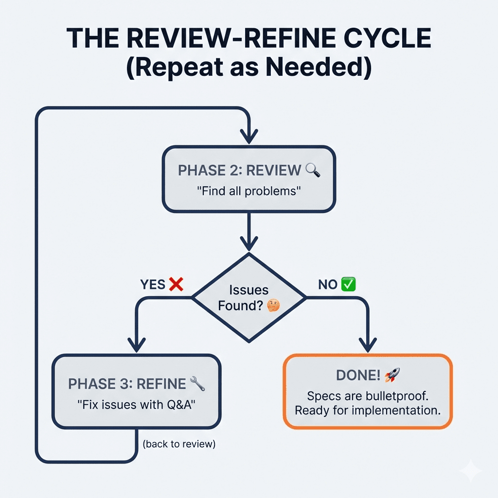 Infographic titled "THE REVIEW-REFINE CYCLE (Repeat as Needed)" showing a flowchart. The process begins with a box labeled "PHASE 2: REVIEW 🔍" with the text "Find all problems". An arrow points down to a diamond-shaped decision box that asks "Issues Found? 🤔". Two arrows emerge from this decision box. The left arrow, labeled "YES ❌", points to a box labeled "PHASE 3: REFINE 🔧" with the text "Fix issues with Q&A". An arrow from this "PHASE 3" box loops back up to the top, pointing to the "PHASE 2: REVIEW" box, with the text "(back to review)" next to the loop. The right arrow from the decision box, labeled "NO ✅", points to a final orange box labeled "DONE! 🚀" with the text "Specs are bulletproof. Ready for implementation.". The flowchart demonstrates an iterative cycle of reviewing and refining until a final, approved state is reached.