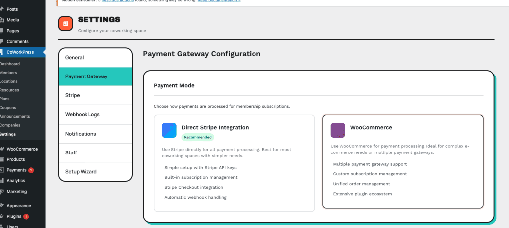 WordPress admin settings page showing Payment Gateway Configuration with two card options: Direct Stripe Integration (marked Recommended) on the left and WooCommerce on the right, each with icons, descriptions, and feature bullet points