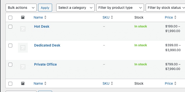 WooCommerce Products page showing Hot Desk, Dedicated Desk, and Private Office as variable products with price ranges and In Stock status