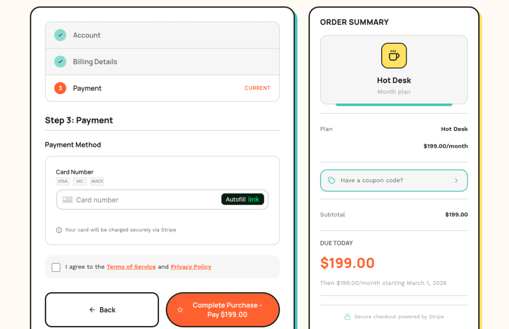 Checkout page showing the old direct Stripe integration with Card Number field, "Your card will be charged securely via Stripe" message, and Order Summary showing Hot Desk at $199/month—despite WooCommerce mode being enabled