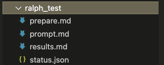 VS Code file explorer showing ralph_test folder containing four files: prepare.md, prompt.md, results.md, and status.json