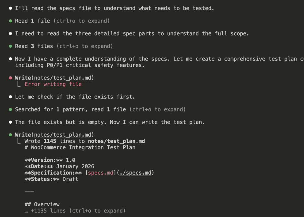Claude Code output showing it reading the specs file and three detailed spec parts, then writing a 1145-line test plan file titled "WooCommerce Integration Test Plan" with version, date, and specification reference
