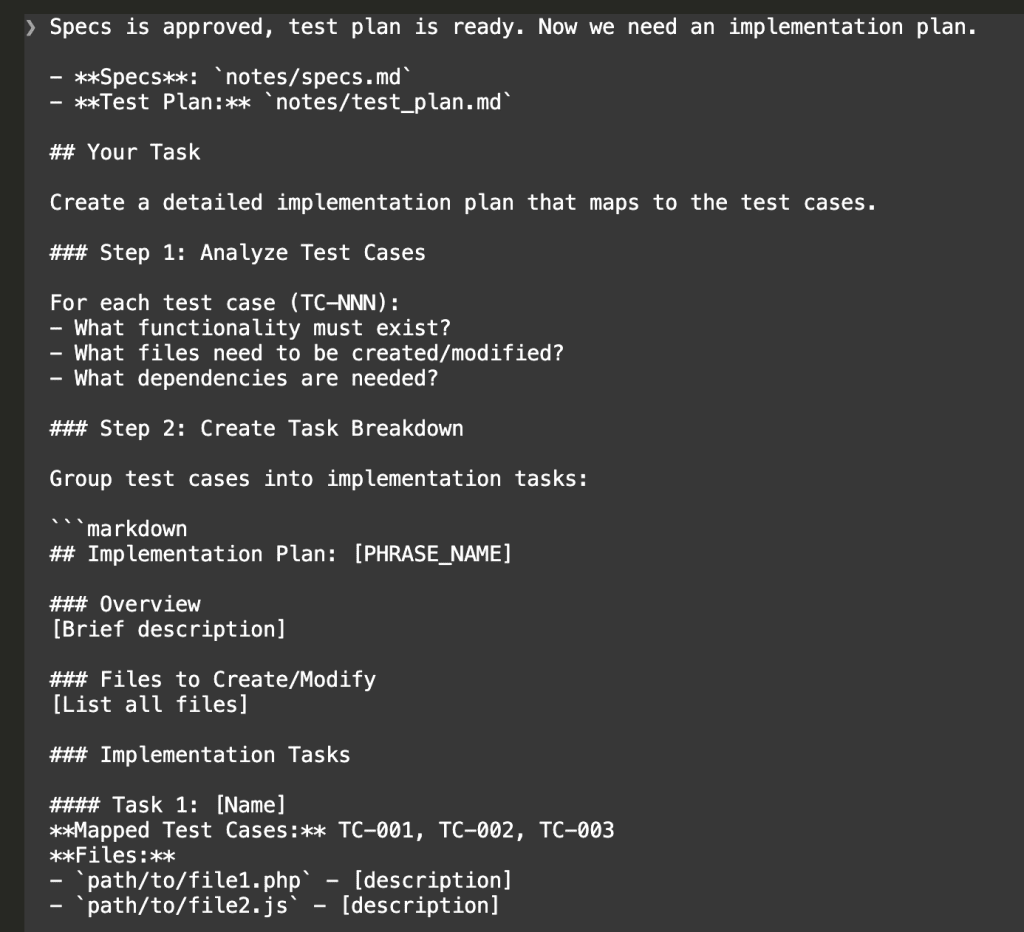 Claude Code terminal showing the prompt to create an implementation plan with task breakdowns mapped to specific test cases, including file lists and acceptance criteria linked to TC numbers
