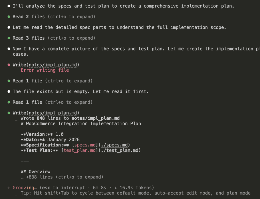 Claude Code output showing it analyzing specs and test plan files, reading detailed spec parts, then writing an 848-line implementation plan file with version info and test plan reference