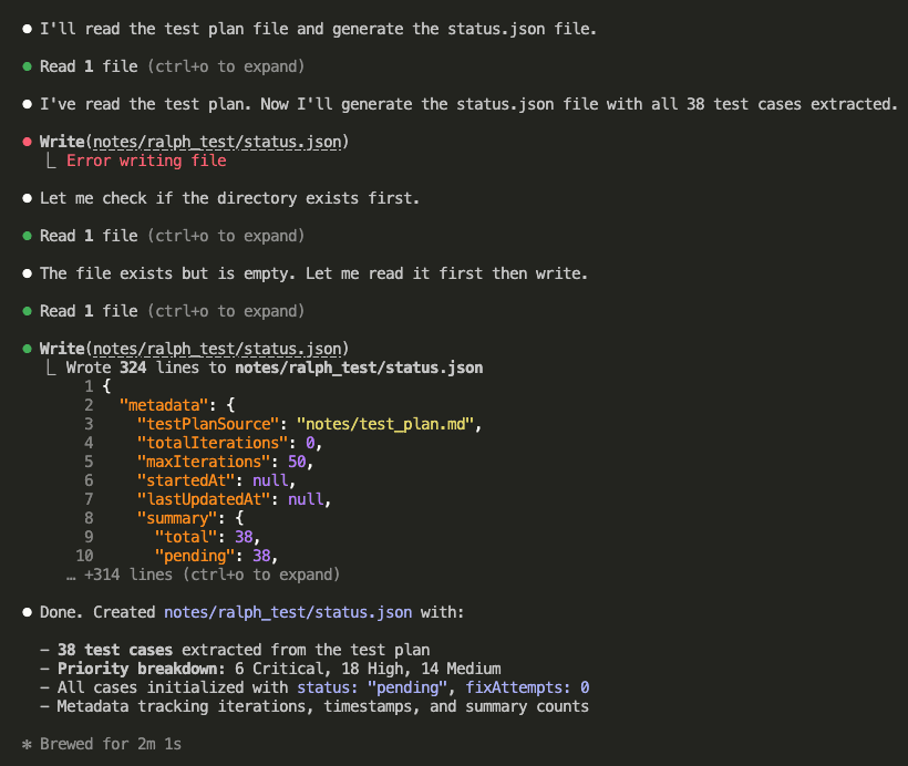 Claude Code output showing it created status.json with 38 test cases extracted, priority breakdown of 6 Critical, 18 High, 14 Medium, all cases initialized with status pending and fixAttempts 0