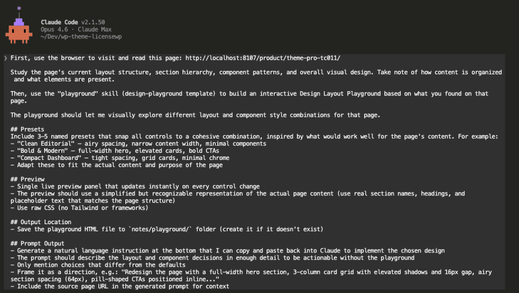 Alt: The detailed prompt entered into Claude Code instructing it to visit the product page URL, study the layout structure, and build an interactive Design Layout Playground using the playground skill with specifications for presets, preview panel, output location, and prompt generation