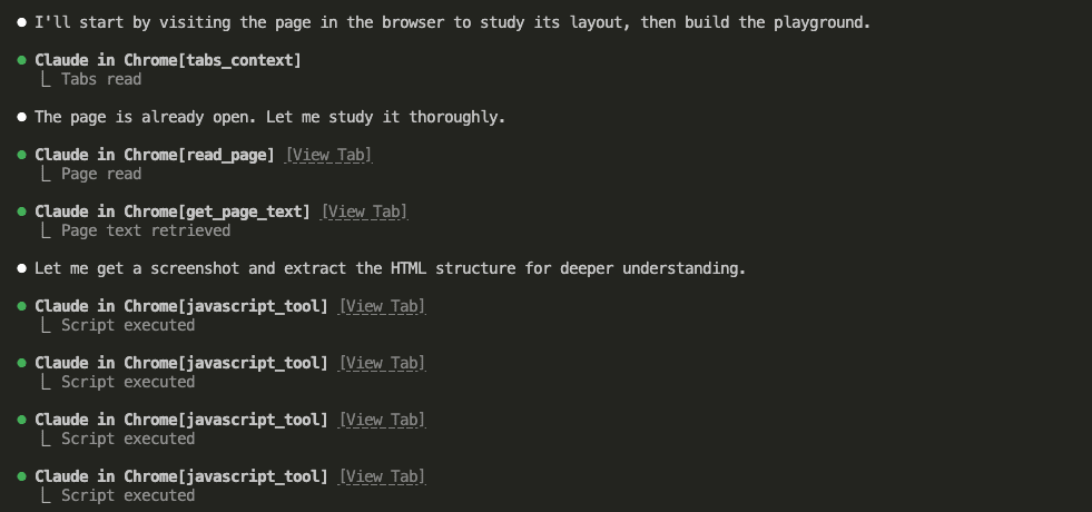 Alt: Claude Code using Chrome browser tools to analyze the product page, showing multiple tool calls: tabs_context, read_page, get_page_text, and several javascript_tool executions to extract HTML structure