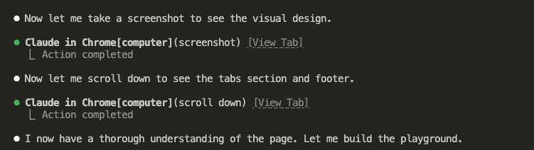Alt: Claude Code taking a screenshot of the page and scrolling down to capture the tabs section and footer, building a complete mental model of the layout