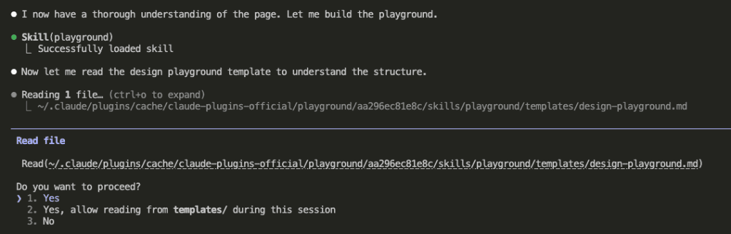 Claude Code loading the playground skill successfully and reading the design-playground template file from the plugins cache directory