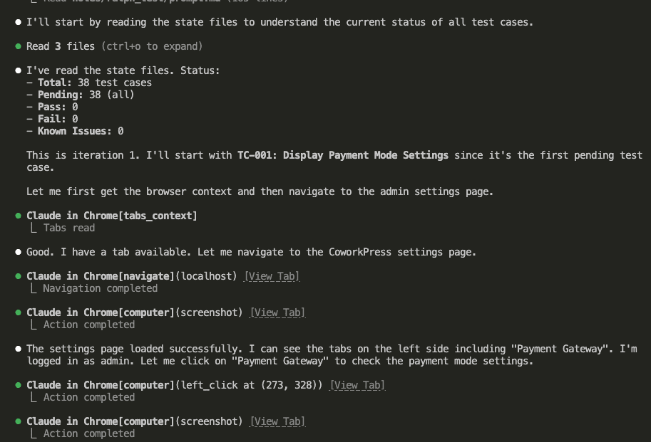 Claude Code showing iteration 1 starting, reading state files showing 38 total test cases all pending, then selecting TC-001 Display Payment Mode Settings as the first test, launching browser to navigate to admin settings page