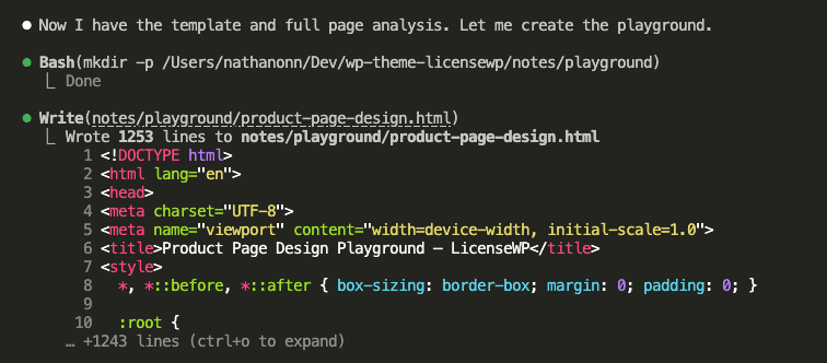 Alt: Claude Code creating the notes/playground directory and writing 1253 lines to product-page-design.html, showing the beginning of the HTML file with doctype, head section, and CSS reset