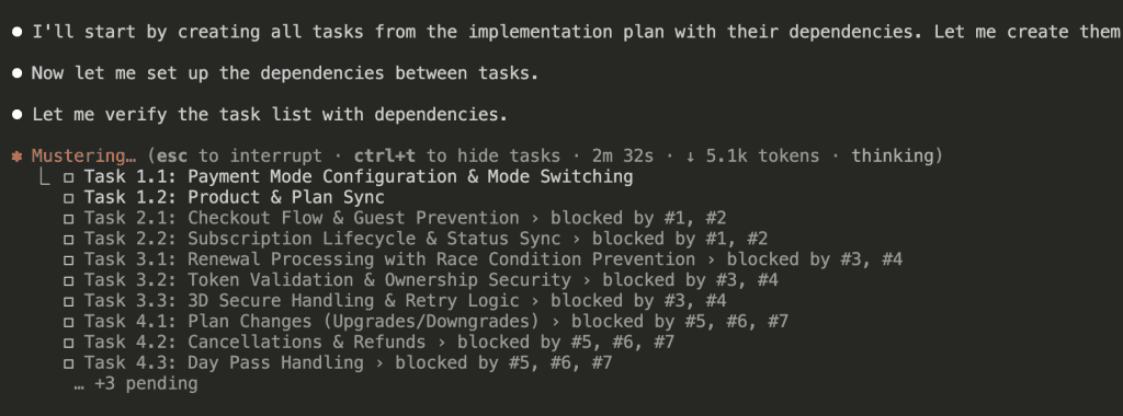 Claude Code displaying the complete task dependency tree showing all tasks with their blocking relationships, such as Task 2.1 Checkout Flow blocked by Tasks 1 and 2, Task 3.1 Renewal Processing blocked by Tasks 3 and 4, and Phase 4 tasks blocked by multiple earlier tasks