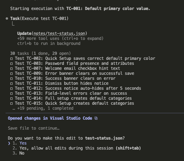 Claude Code updating notes/test-status.json after TC-001 execution, showing 30 tasks with 1 done and 29 open, with VS Code diff view