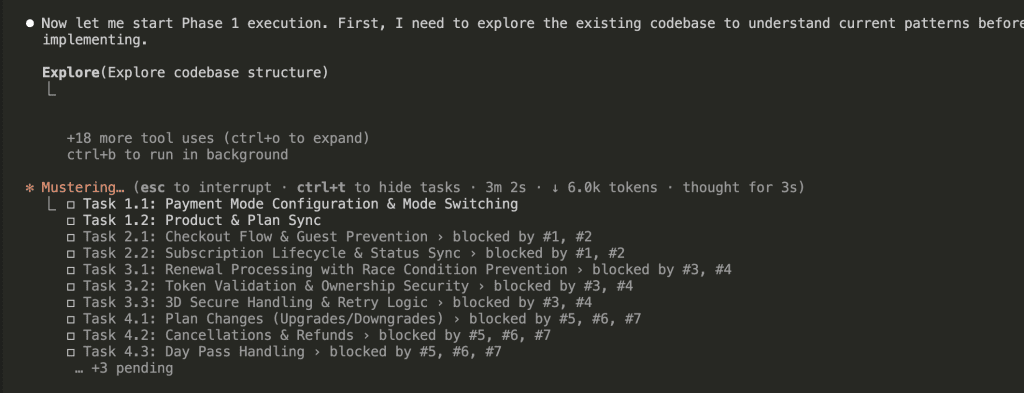 Claude Code showing Phase 1 execution starting with codebase exploration using 18+ tool calls, displaying the task list with all tasks pending and their dependency relationships clearly visible