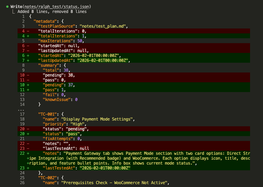 Claude Code diff showing status.json updates: totalIterations changed from 0 to 1, startedAt and lastUpdatedAt timestamps added, pending count decreased from 38 to 37, pass count increased from 0 to 1, TC-001 status changed from pending to pass with detailed notes