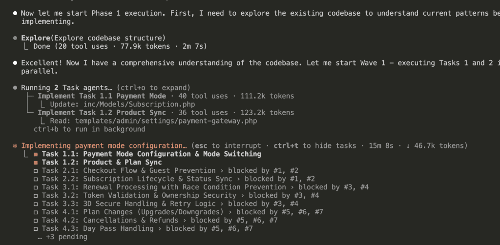 Claude Code showing Wave 1 execution with 2 Task agents running in parallel, implementing Payment Mode Configuration (40 tool uses, 111.2k tokens) and Product Sync (36 tool uses, 123.2k tokens), with real-time status updates showing files being modified