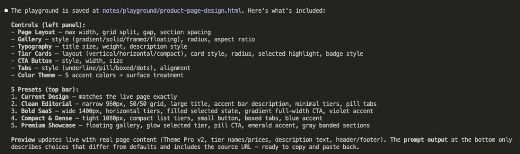 Alt: Claude Code's summary showing the playground includes controls for Page Layout, Gallery, Typography, Tier Cards, CTA Button, Tabs, and Color Theme, plus 5 presets: Current Design, Clean Editorial, Bold SaaS, Compact & Dense, and Premium Showcase