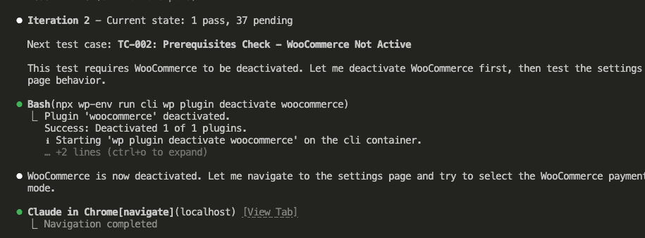 Claude Code showing Iteration 2 starting with current state 1 pass 37 pending, selecting TC-002 Prerequisites Check WooCommerce Not Active, then running bash command to deactivate WooCommerce plugin to test the prerequisite behavior