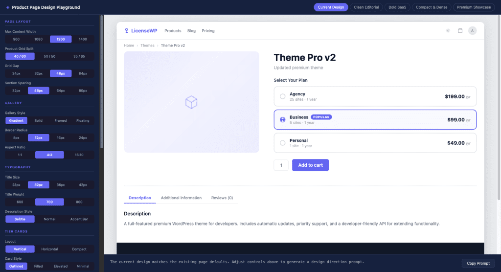 Alt: The Product Page Design Playground interface showing a left panel with controls for Page Layout (max width, grid split, gap, spacing), Gallery (style, radius, aspect ratio), and Typography (title size, weight, description style), with a live preview of the product page on the right