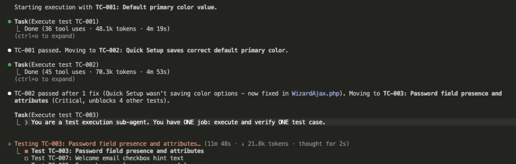 Claude Code showing TC-002 passed after 1 fix (Quick Setup wasn't saving color options - fixed in WizardAjax.php), then moving to TC-003 which is Critical and unblocks 4 other tests