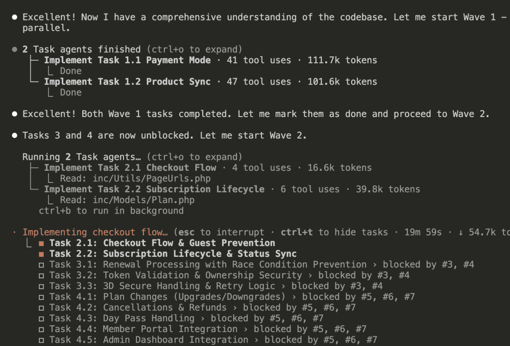 Claude Code displaying Wave 1 completion with both tasks marked Done, then starting Wave 2 with 2 new Task agents implementing Checkout Flow and Subscription Lifecycle, showing the task list with Tasks 3 and 4 now unblocked