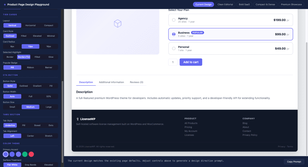 Alt: Scrolled down view of the playground showing additional controls for Tier Cards (layout, card style, radius, highlight, badge), CTA Button (style, width, size), Tabs Section (style, alignment), and Color Theme (primary accent swatches and surface treatment)